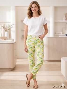 Talbots White Lemon-Print Cropped Slim Pants